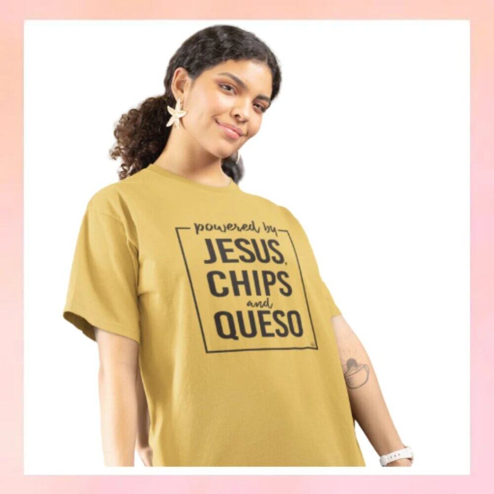 Small "Jesus Chips & Queso" Funny Graphic Tee - Yellow/Mustard